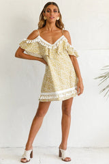 Hayman Cold-Shoulder Tassel Trim Dress Mustard Print
