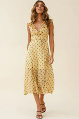 Karina Frill Neckline Midi Dress Polka Dot Print Mustard