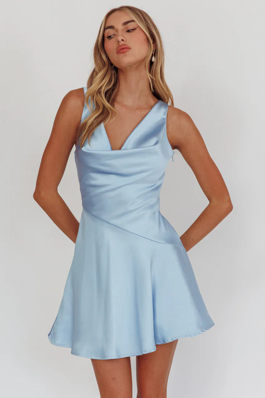 Brigid Cowl Neck Scoop Back Mini Dress Blue
