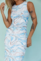 Sarafina Twist Accent Mesh Midi Dress Marble Blue