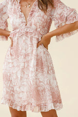 Gemma V-Neckline Frill Detail Dress Flower Print Nude