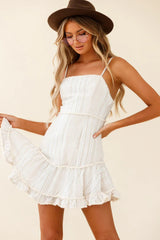 Eve Ruffle Hem Linen Blend Dress White/Mocha Stripe