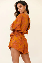 Nadi V-Neckline Wrap Romper Leaf Print Mustard