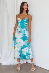 Infinity Pintuck Bust Midi Dress Flower Teal