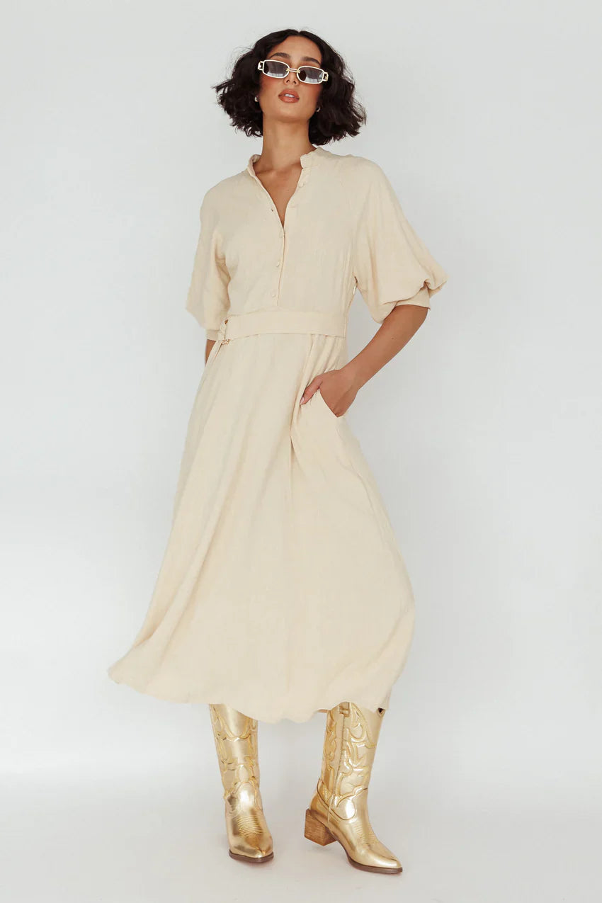 Mallory Belted Waist Lantern Sleeve Midi Dress Beige