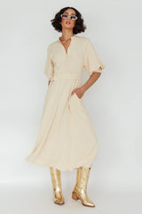 Mallory Belted Waist Lantern Sleeve Midi Dress Beige