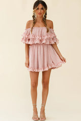 Meet Me At Sunset Bardot Neckline Frill Trim Dress Speckle Print Pink