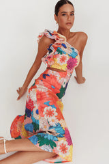 Deanna One-Shoulder Ruffle Floral Maxi Dress Orange