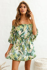 Renoir Off-Shoulder Frill Trim Dress Leaf Print White/Green