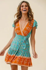 Mayan Angel Sleeve Waist Tie Wrap Dress Floral Print Jade