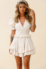 Nerissa Puff Sleeve Shirred Waist Dress Spotty Beige