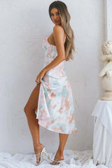 Well Versed Pleated Bust Front Split Dress Watercolor Pink